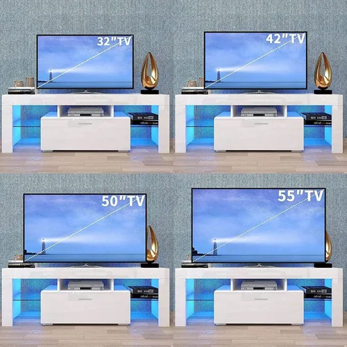 Miniatura 5 de Soporte de TV para TV de 55 pulgadas con almacenamiento, soporte de TV blanco con luces LED, centro de entretenimiento para TV de 55 pulgadas