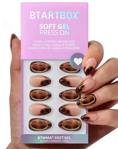 Miniatura 21 de BTArtbox Uñas cortas a presión, color negro, francés, almendra, con pegamento y pestañas adhesivas para mujeres en 16 tamaños, kit de 32 uñas de gel