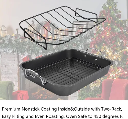 Miniatura 6 de Kitcom - Sartén para asar antiadherente con estante, juego de asador rectangular de 16 pulgadas x 11.5 pulgadas para asar pavo, pollo, carne