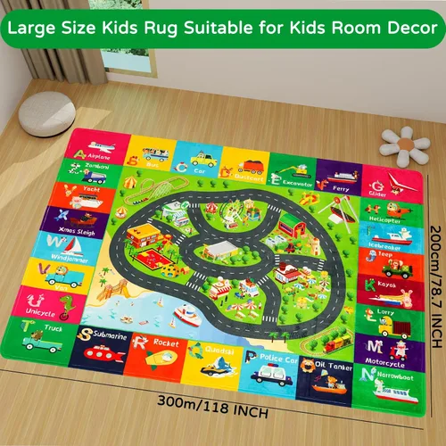 Miniatura 6 de Alfombra de juego para niños, alfombra de tráfico para carretera, 118 x 78.7 pulgadas, para sala de juegos, transporte ABC, alfombra educativa