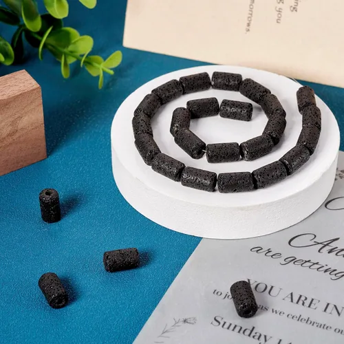 Miniatura 6 de Craftdady 25 cuentas de piedra de lava negra natural, tubo de columna, piedras preciosas volcánicas, cuentas sueltas para curación de energía