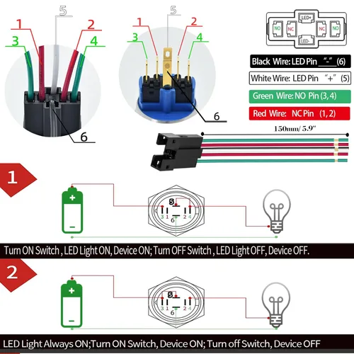 Miniatura 5 de 2 interruptores de botón de cierre de 0.866 in, 7/8 pulgadas, 110 V-120 V, SPDT, interruptor de encendido y apagado, impermeable, IP67, acero Azul