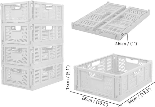 Miniatura 5 de Paquete de 4 cajas de almacenamiento plegables, organizador de cajones de plástico plegables, cesta de almacenamiento apilable para alimentos, Blanco