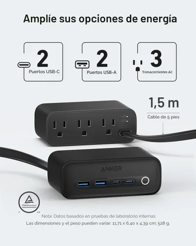 Miniatura 2 de Estación de carga Anker 525, regleta de alimentación USB C 7 en 1 para iPhone 13/14, cable de extensión de 5 pies con 3 AC, 2 USB A, 2 USB C, Negro