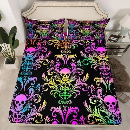 Miniatura 33 de Sábanas de cama góticas de damasco para adultos, sábana bajera ajustable victoriana antigua, sábanas góticas florales vintage, juego de ropa de cama