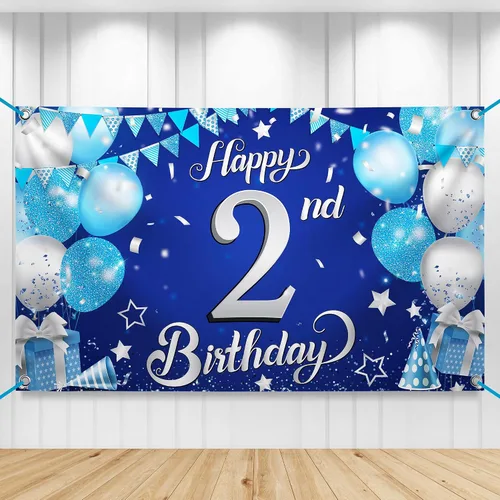 KatchOn, Cartel azul de feliz cumpleaños número 2, Xtralarge, 72 x 44 pulgadas, decoraciones de segundo cumpleaños para niños y niñas, pancarta para