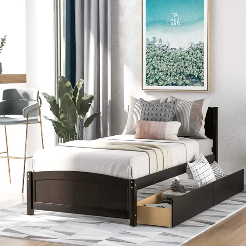 Miniatura 22 de Marco de cama moderno de madera maciza con cajones, plataforma de cama con soporte de listones de madera, no necesita somier, tamaño individual
