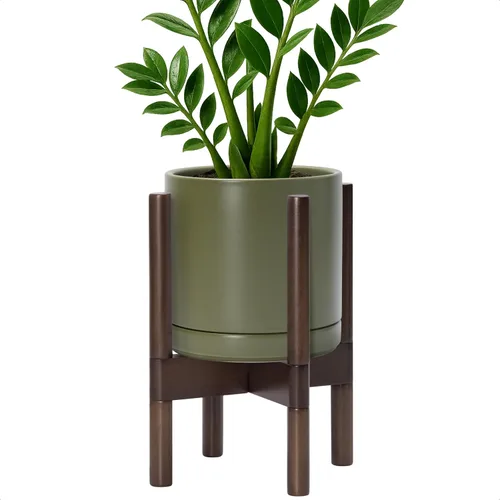 Miniatura 47 de D'vine Dev Maceta de cerámica con soporte de ébano – Maceta redonda moderna de 8 pulgadas con soporte para maceta de madera, color negro, 55-B-M-2