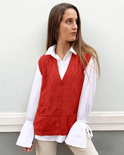 Miniatura 3 de TINKUY PERU - Chaleco de lana de alpaca con cuello en V y rombos para mujer, tallas S-4XL