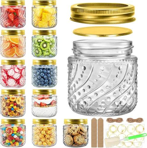 Miniatura 9 de Tarros Mason de boca ancha de 16 onzas con tapas y bandas plateadas, paquete de 8 con patrón de ondas y puntos, calcomanías y etiquetas, tarros