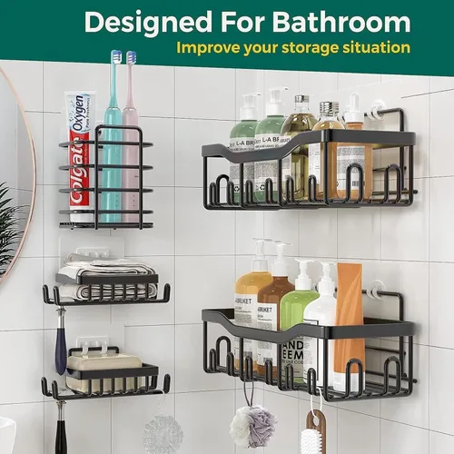 Miniatura 4 de Organizador de ducha adhesivo para organización de almacenamiento de baño, paquete de 5 estantes de ducha sin taladrar, acero inoxidable