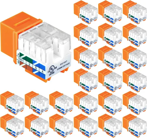 VCE Conector Keystone Cat6 RJ45 con certificación UL, paquete de 25, adaptador de conector Keystone de presión de 90 grados, perfil delgado, naranja