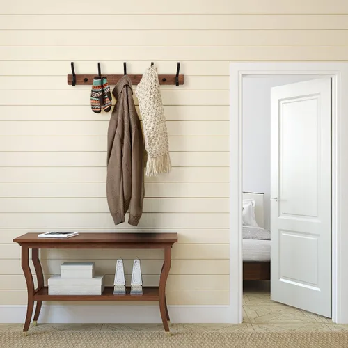 Miniatura 6 de Perchero de pared montado, estante de gancho de madera de nogal resistente con 5 ganchos dobles de metal para colgar abrigos, colgador de abrigos