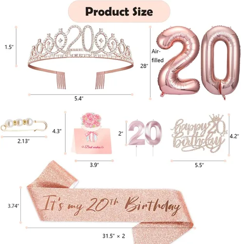 Miniatura 3 de Decoraciones de cumpleaños número 20 para mujer, banda y corona de cumpleaños, decoración de pastel y velas, globos de números, regalos de 20