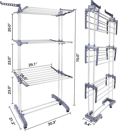 Miniatura 6 de Estante de secado de ropa resistente, estante de secado de ropa plegable de 4 niveles de 70 pulgadas de alto, estante de secado independiente