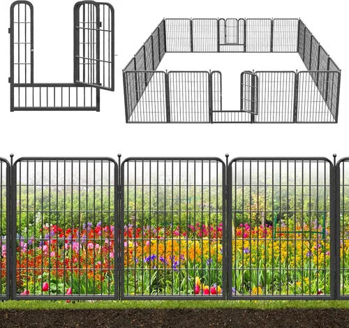 Miniatura 11 de Valla decorativa de metal negro para jardín con puerta, 82 pies de largo, 32 pulgadas de alto, 36 paneles de valla sin excavación, valla de barrera