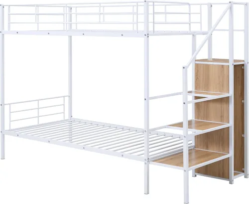 Miniatura 6 de Bellemave Litera de metal individual sobre individual, litera con escaleras de almacenamiento y armario, para adultos/niños/adolescentes, litera