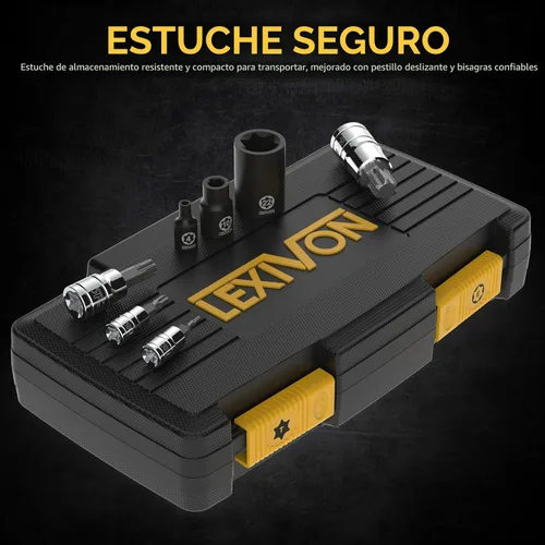 Miniatura 3 de LEXIVON Master Torx Juego de Brocas y Dados, Aleación S2 Premium y Acero Cr-V 25 Piezas, Dados de Broca T8-T60 y E-Torx E4-E22 Estuche