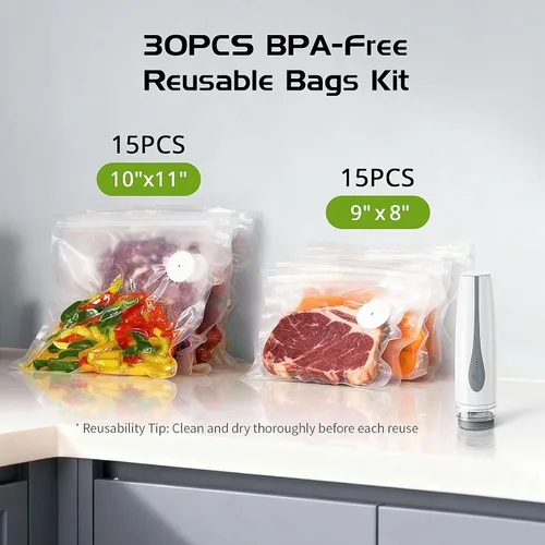 Miniatura 7 de Sellador al vacío compacto, sellador de alimentos portátil de mano con 30 bolsas reutilizables, mini máquina de sellado al vacío recargable