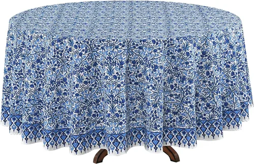 Miniatura 29 de Ridhi Mantel redondo de algodón reutilizable con estampado de bloque a mano, color verde espárragos, 60 pulgadas, mantel decorativo para uso diario