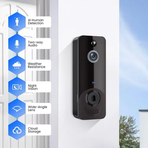 Cámara de timbre de video inteligente con timbre, detección humana AI, audio de 2 vías, vista en vivo HD, solo red 2.4G, visión nocturna,