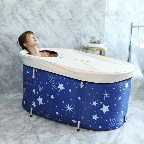Miniatura 4 de Bañera plegable portátil, tina de baño ecológica, para cabina de ducha, engrosamiento con espuma térmica para mantener la temperatura (XL cielo azul)