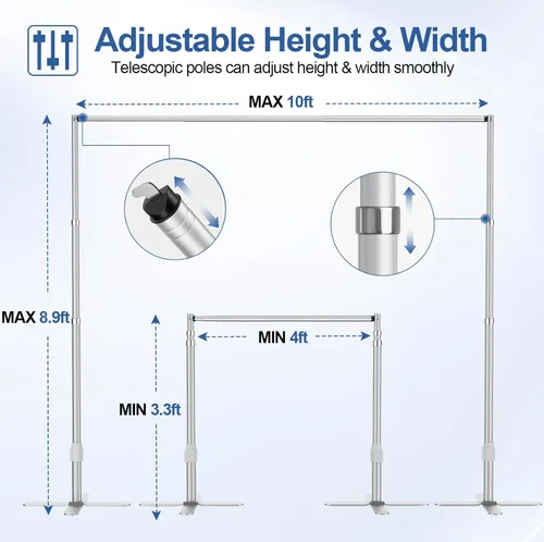 Miniatura 4 de EMART Soporte de fondo resistente de 8.9 x 10 pies, kit de soporte de fondo para fotos de tubería y cortina, marco de metal ajustable con base