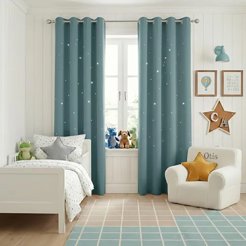 Miniatura 9 de NICETOWN Cortinas infantiles perforadas, cortinas marroquíes con estrellas azules para dormitorio de niñas, gruesas y suaves, para oscurecer la Azul