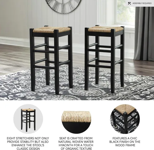 Miniatura 4 de Signature Design by Ashley Mirimyn Farmhouse - Taburete de bar de altura de barra de 29.5 pulgadas con asientos de mimbre tejido, 2 unidades, negro