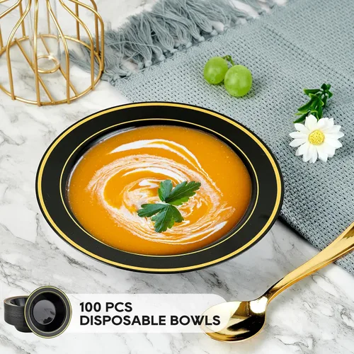 Miniatura 2 de JOLLY PARTY 100 piezas de tazones de plástico negro con borde dorado - 12 onzas, tazones desechables para sopa, tazones premium para postre