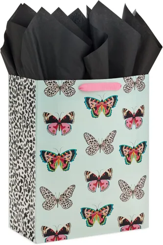 Hallmark Bolsa de regalo grande de 13" con papel de seda (mariposas, verde menta, rosa, negro) para Pascua, Día de la Madre, despedidas de soltera,