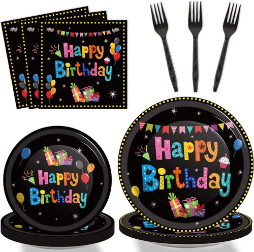 Tevxj Juego de vajilla de cumpleaños de 96 piezas, vajilla de cumpleaños colorida y negra, platos desechables para postre, vajilla temática de