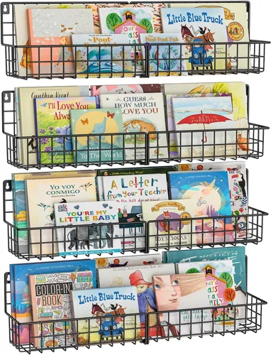 Miniatura 9 de X-cosrack Paquete de 4 estanterías de metal montadas en la pared, estantes flotantes para libros para niños, guardería, aula infantil, organizador