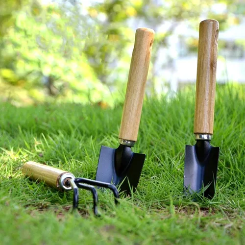 Miniatura 5 de Juego de 3 mini herramientas de jardín, palas pequeñas y rastrillo de mano con mango de madera maciza, herramientas de jardinería