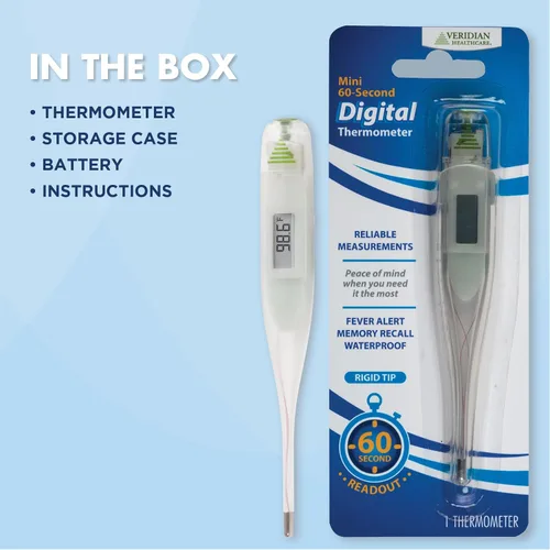 Miniatura 8 de Veridian Healthcare Termómetro digital Lectura de 60 segundos Mediciones Fahrenheit Punta Rígida Alerta de fiebre Garantía de un año