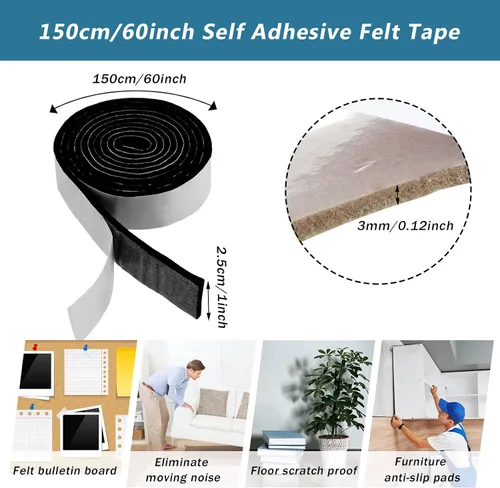 Miniatura 2 de Shappy Paquete de 2 tiras de fieltro con parte trasera adhesiva, rollo de cinta de fieltro, antideslizantes, autoadhesivas, cortables para muebles