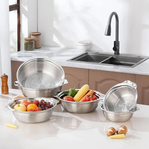 Miniatura 9 de Colador de acero inoxidable para cocina de 2 cuartos de galón, colador microporoso con tazón para mezclar, colador de arroz para lavar verduras