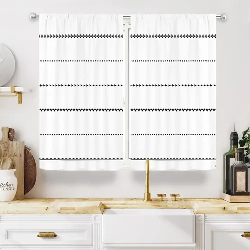 MESHELLY Boho Kitchen Curtains 27.5Wx39H Inch Rod Pocket Black and White Modern Abstract Minimalist Geometric Tassels Chic Bedroom Window Drapes
