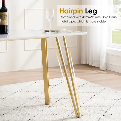 Miniatura 6 de ivinta Mesa de comedor de mármol blanco moderna mesa de comedor rectangular de 55 pulgadas para 46 mesa de comedor blanca con patas doradas mesa