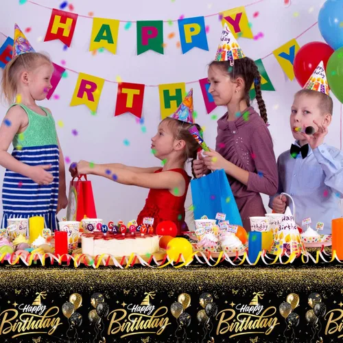 Miniatura 5 de Decoraciones de feliz cumpleaños, mantel dorado y negro, fundas rectangulares de plástico desechables para hombres y mujeres, fiesta de cumpleaños