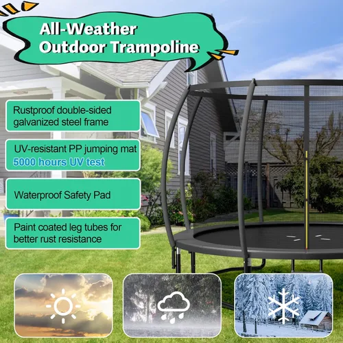Miniatura 8 de Giantex Trampolín para niños, cama elástica grande para exteriores aprobada por ASTM con red, escalera, marco de acero galvanizado a prueba de Negro