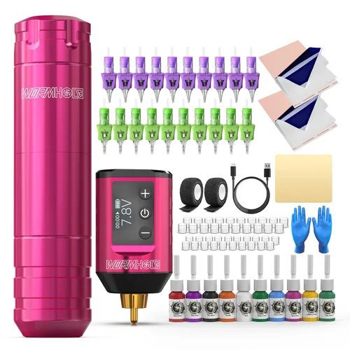 Miniatura 10 de Wormhole Tattoo Kit para principiantes Kit completo de máquina de tatuaje rotativa con 11 piezas de tinta de tatuaje, 10 agujas de cartucho, fuente