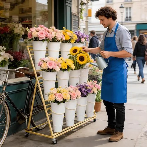 Miniatura 2 de Soporte de exhibición de flores de 3 niveles, soporte móvil de metal para plantas con 12 cubos, carrito de flores con ruedas, adecuado