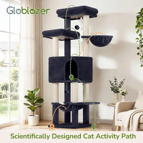 Miniatura 7 de Globlazer Torre de árbol alto para gatos adultos grandes, torre rascador grande de varios niveles de 65 pulgadas con hamaca, 6 postes rascadores