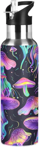 Insulated Stainless Steel Water Bottle with Straw 32 Oz, Leakproof Water Bottles for Gym Outdoor Travel School, Psychedelic Mushrooms Purple