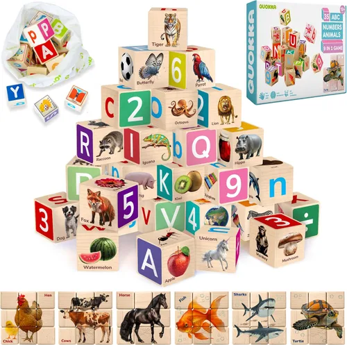 QUOKKA Bloques de Madera Montessori para Niños Pequeños de 1-3 - 35 Bloques de Aprendizaje ABC Realistas para Niños de 3-5 Años - Juguetes de 35