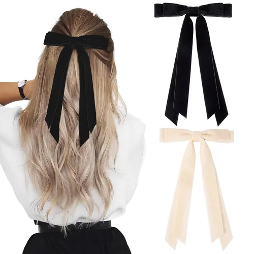2 piezas de lazos para el cabello para mujeres, clip de pelo beige y negro, cinta de pelo, accesorios de pelo con moño, barrettes de pelo largo para