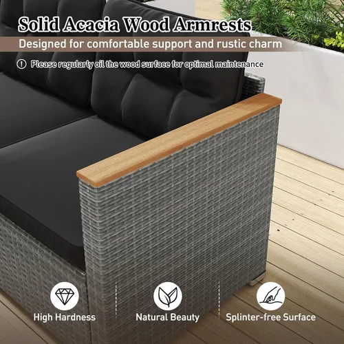 Miniatura 8 de Tangkula Sofá de mimbre para patio de 3 asientos, juego de muebles de ratán de 3 plazas con reposabrazos de madera de acacia y cojín grueso, sofá