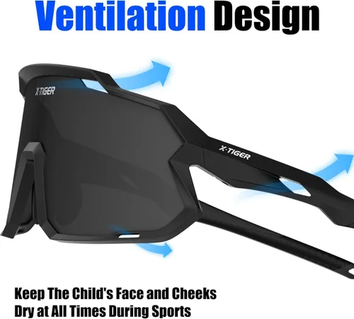 Miniatura 7 de X-TIGER Gafas de sol polarizadas para niños y niñas, lentes de sol de béisbol polarizadas para niños de 8 a 14 años, UV400, gafas de ciclismo y Negro