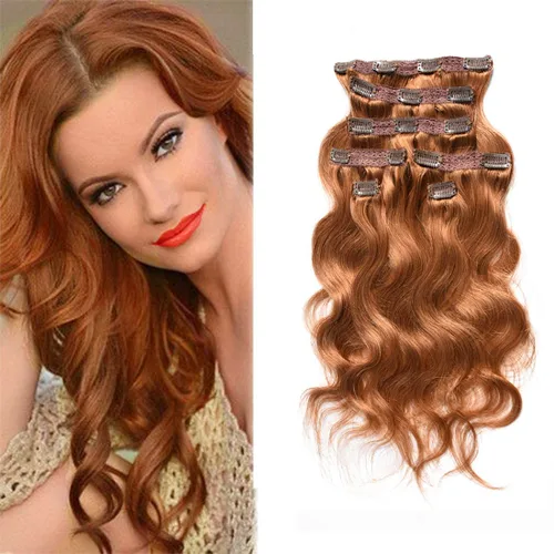 viviaBella Extensiones de cabello humano ondulado con clip, color rojo cobre, 14 pulgadas, cabello virgen brasileño de doble trama, 7 unidades por